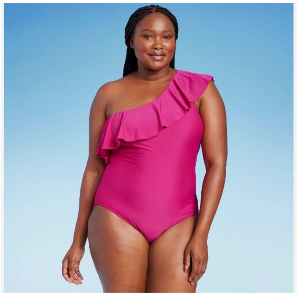 Ruffle One Shoulder Full Coverage Swimsuit Sz XL NWT Hot Pink -Kona Sol-